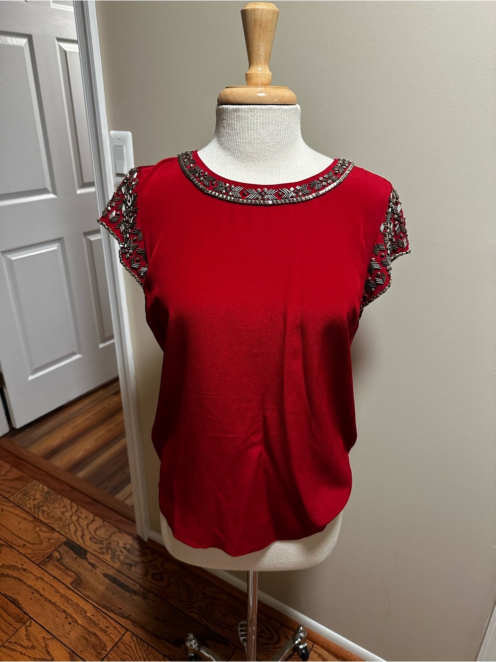 Rebecca Taylor Red Beaded Cap-Sleeve Blouse